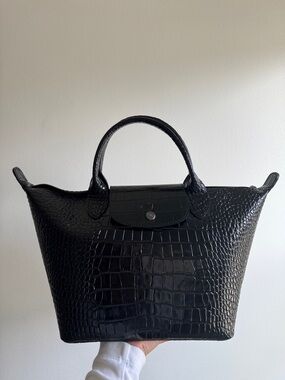 Longchamp Black Croc-Embossed Small Top-Handle Tote